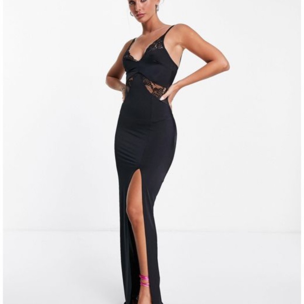 Black Maxi Dress With Lace Inserts And Thigh Split